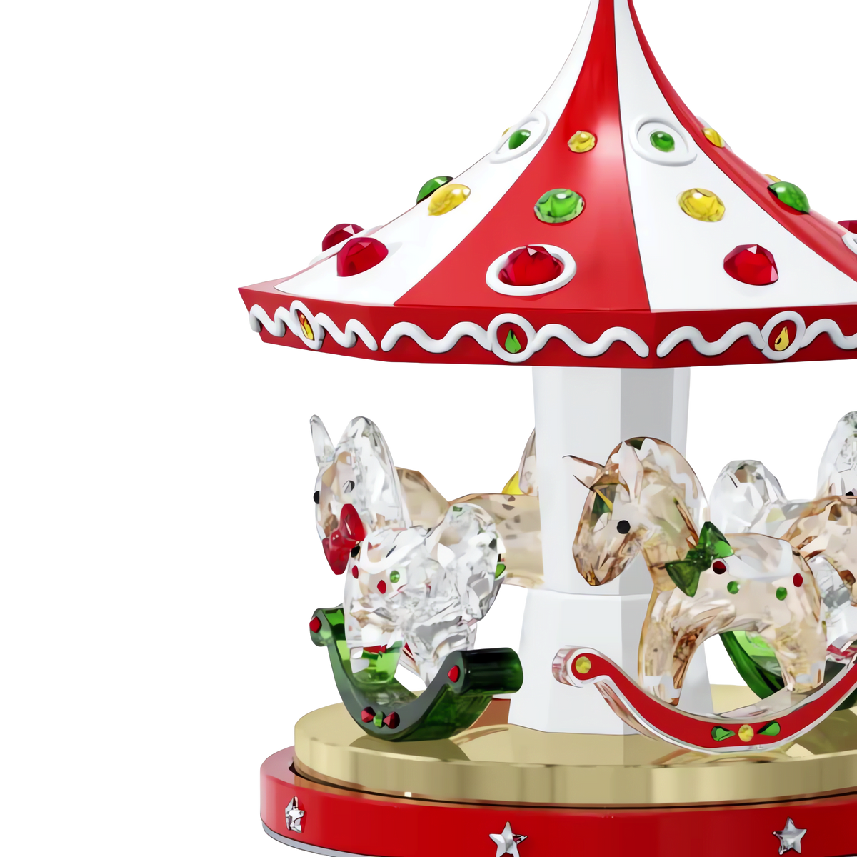 Close-up of the Swarovski Holiday Cheers Carousel by Swarovski, a decorative rotational carousel featuring crystal horses with green and red accents, a red and white top adorned with colorful gems, and a gold base—making this piece an enchanting crystal centerpiece for holiday décor.