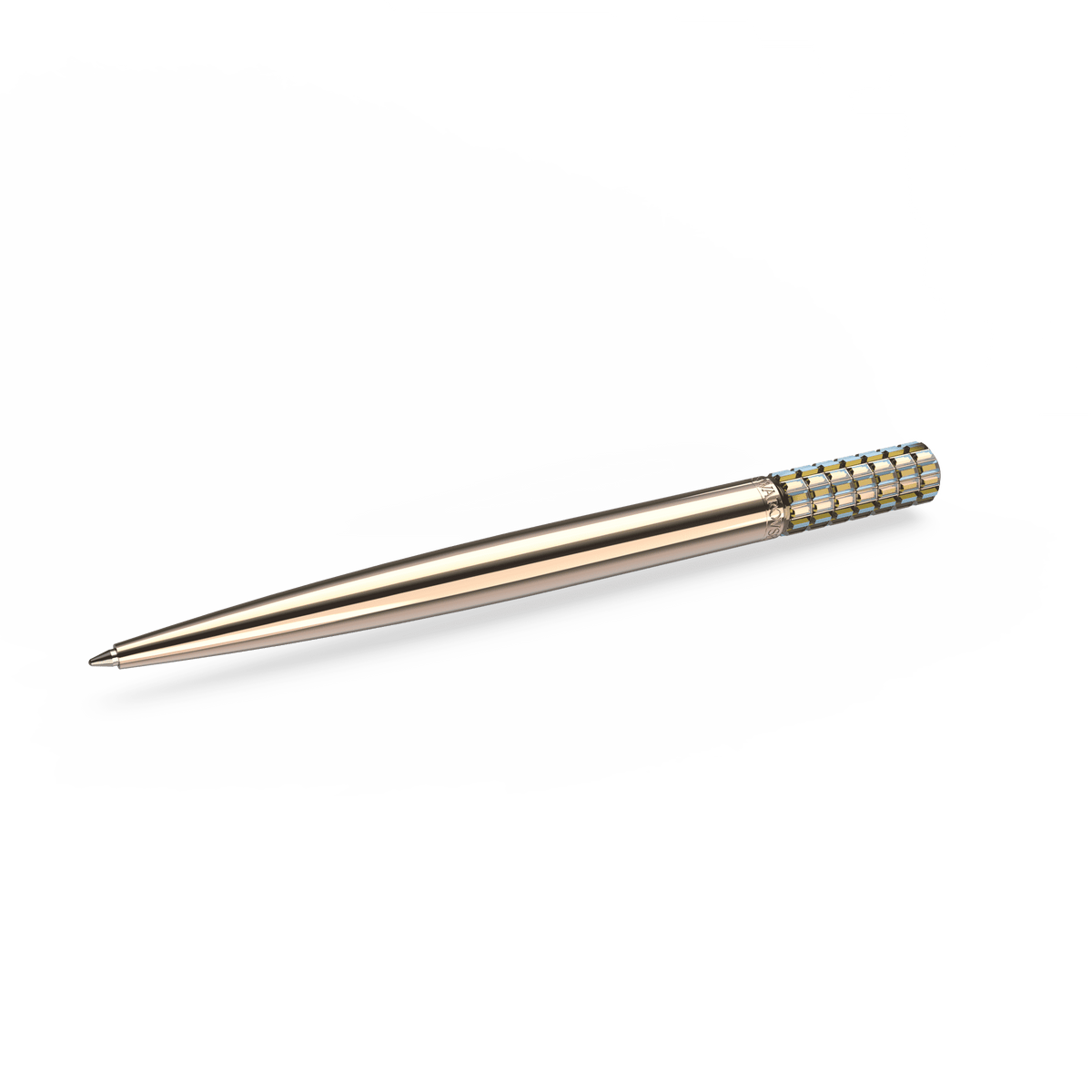 A Swarovski Ballpoint Pen in yellow with a rose gold-tone plated finish, featuring a textured, patterned grip section, is displayed on a white background.