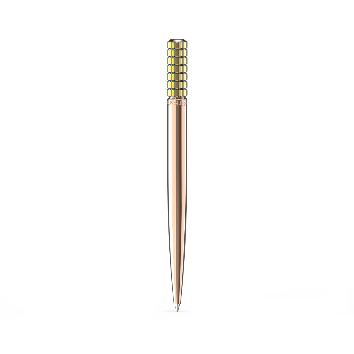 A Swarovski Ballpoint Pen in yellow with a rose gold-tone plated, grid-patterned cap is centered on a plain white background.