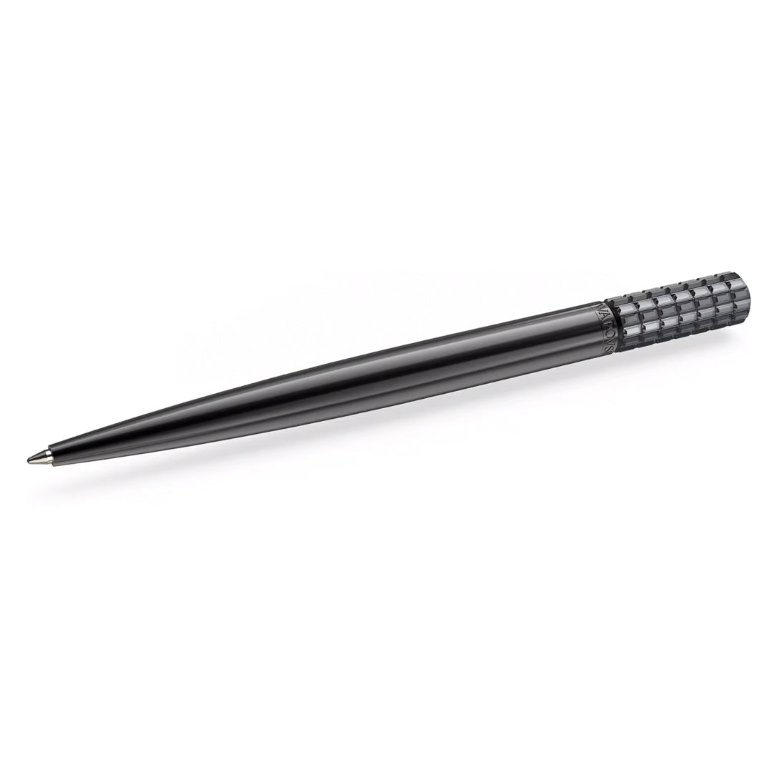 The Swarovski Ballpoint Pen, a chic writing instrument by Swarovski, features a reflective polished body and a textured grip, embellished with eye-catching black-tone crystals, sitting elegantly on a plain white background.