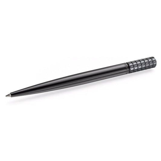 The Swarovski Ballpoint Pen, a chic writing instrument by Swarovski, features a reflective polished body and a textured grip, embellished with eye-catching black-tone crystals, sitting elegantly on a plain white background.