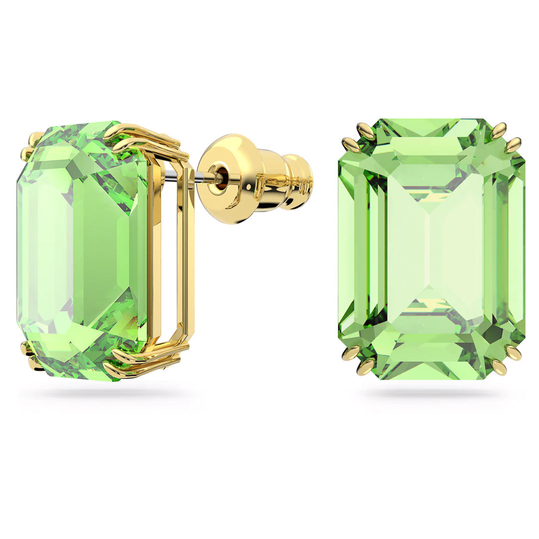 The Swarovski Millenia Stud Earrings by Swarovski are gold-tone plated stud earrings featuring large, rectangular green crystals with an emerald cut. These gemstones are set in elegant gold prongs, accentuating their vibrant color and clarity, reminiscent of exquisite jewelry craftsmanship.