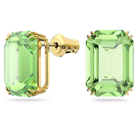 The Swarovski Millenia Stud Earrings by Swarovski are gold-tone plated stud earrings featuring large, rectangular green crystals with an emerald cut. These gemstones are set in elegant gold prongs, accentuating their vibrant color and clarity, reminiscent of exquisite jewelry craftsmanship.