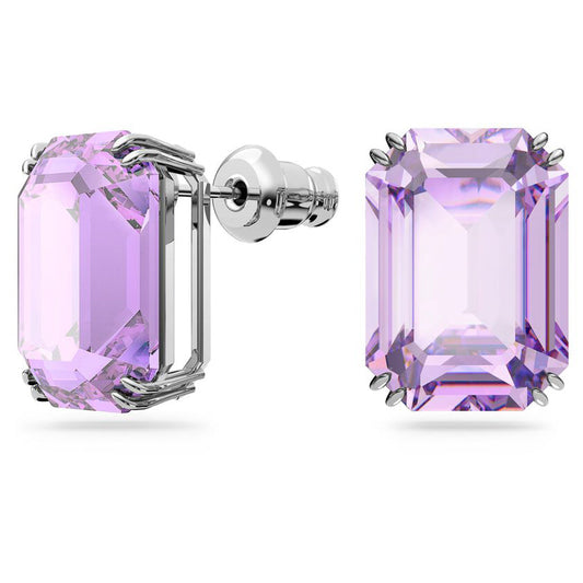 Introducing the Swarovski Millenia Stud Earrings by Swarovski, these elegant octagon earrings showcase large lavender gemstones set in intricate rhodium-plated silver prongs. They feature screw-back closures and a subtle faceted design to enhance their sparkle and shine.