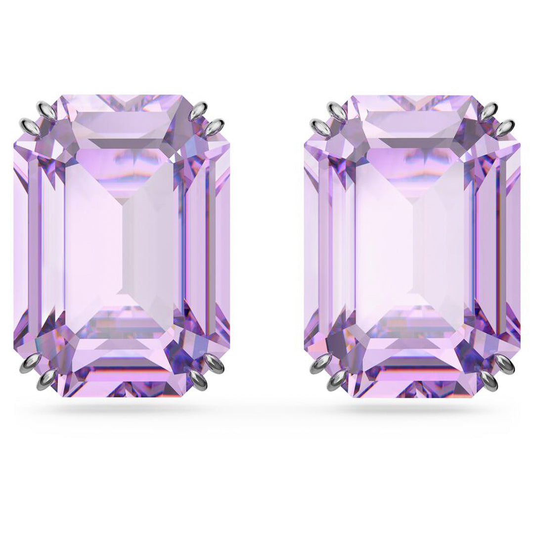 The Swarovski Millenia Stud Earrings by Swarovski showcase an octagonal design featuring rectangular, faceted lavender gemstones. Set in a polished rhodium-plated frame, each violet crystal is accented with beveled edges and secured with multiple prongs, highlighting its clarity and delicate hue against a pristine backdrop.