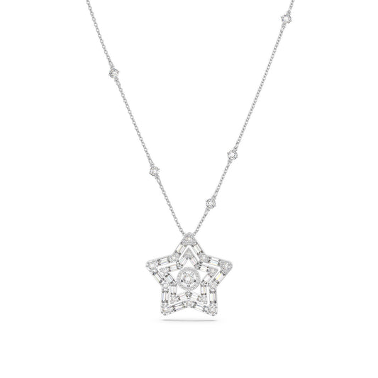 The Swarovski Mixed Cuts Stella Necklace Pendant by Swarovski showcases a delicate chain and an exquisite star-shaped pendant. Featuring baguette-cut crystals, the pendant dazzles brilliantly, captivating any onlooker.