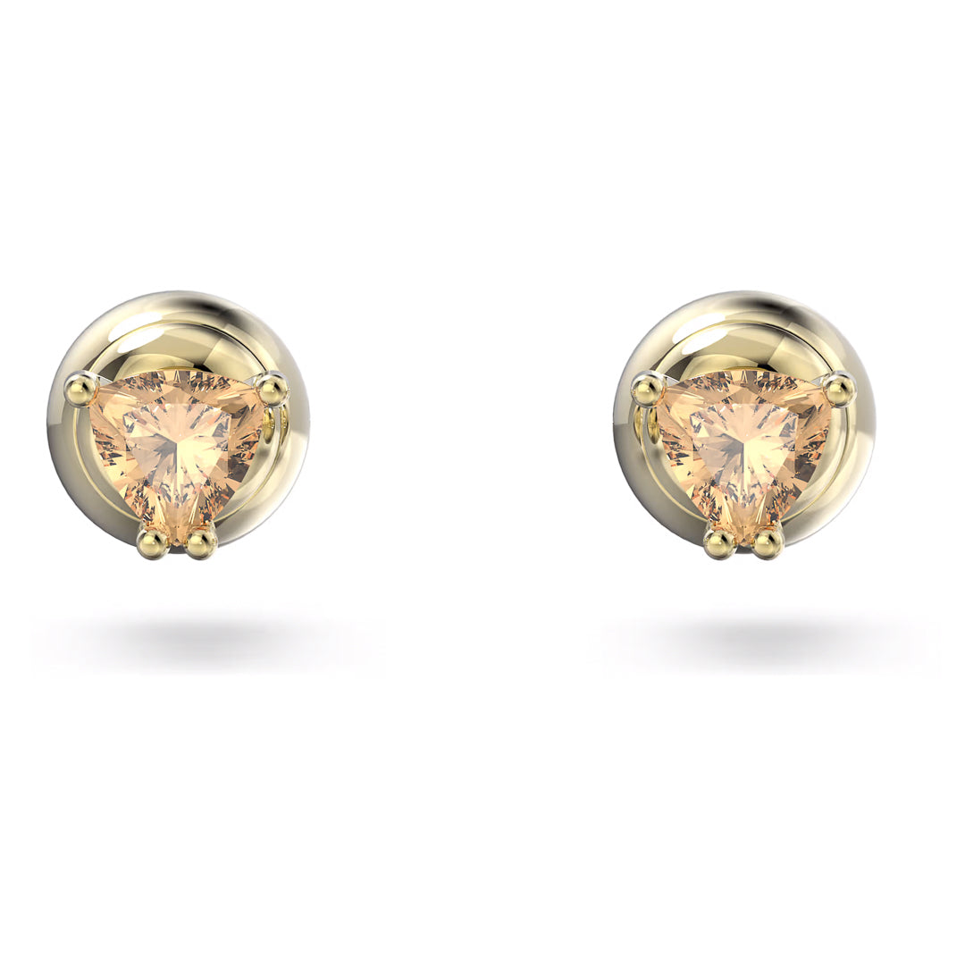 Introducing the Swarovski Chroma Stud Earrings by Swarovski, featuring striking trilliant-cut orange crystals set in a smooth, rounded gold setting. These elegant and sophisticated accessories are beautifully showcased on a plain white background.