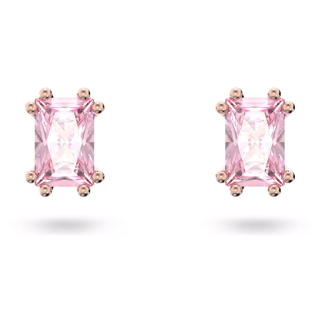 The Swarovski Chroma Stud Earrings from Swarovski showcase a minimalist design with radiant-cut pink zirconia set in a rose gold-tone setting, beautifully highlighting the sparkle of the stones against a plain white background.