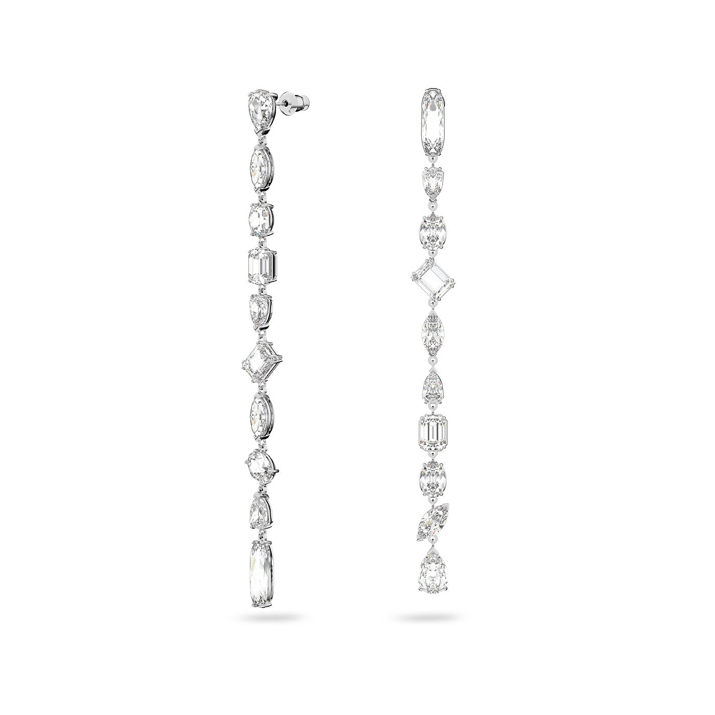 The Swarovski Mixed Cuts Gema Extra Long Drop Earrings by Swarovski showcase a sophisticated rhodium-plated design adorned with an array of diamond-shaped crystals, including oval, marquise, and emerald cuts. These silver-toned earrings beautifully reflect light, amplifying their sparkle and intricate detailing.