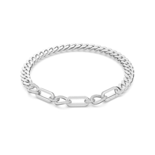 The Swarovski Dextera Mixed Links Necklace by Swarovski showcases a sophisticated silver design, featuring a combination of oval and rectangular links, some with intricate textures, forming a complete circle. The rhodium-plated chain beautifully alternates between smooth and ornate sections for an elegant look.
