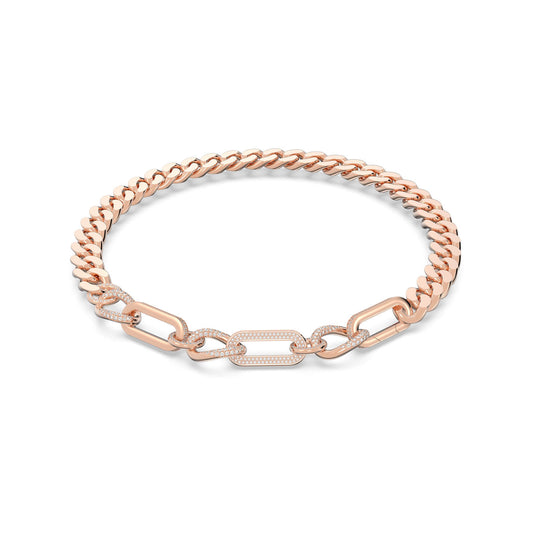 The Swarovski Rose Gold Tone Dextera Mixed Links Statement Necklace from Swarovski features a gold chain that highlights a combination of chunky and smaller links in a chic rose gold-tone. Certain sections are adorned with crystals, imparting an elegant touch to the design.