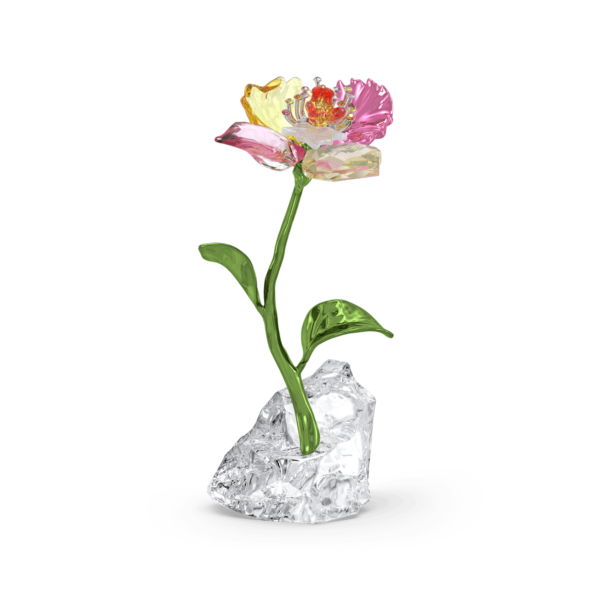 A stunning Swarovski Idyllia Flower Small, featuring a delicate, colorful crystal bloom with green stem and leaves anchored in a clear faceted crystal base, is displayed against a plain white background—available at Raffi Jewellers, an official retailer of Swarovski Canada.