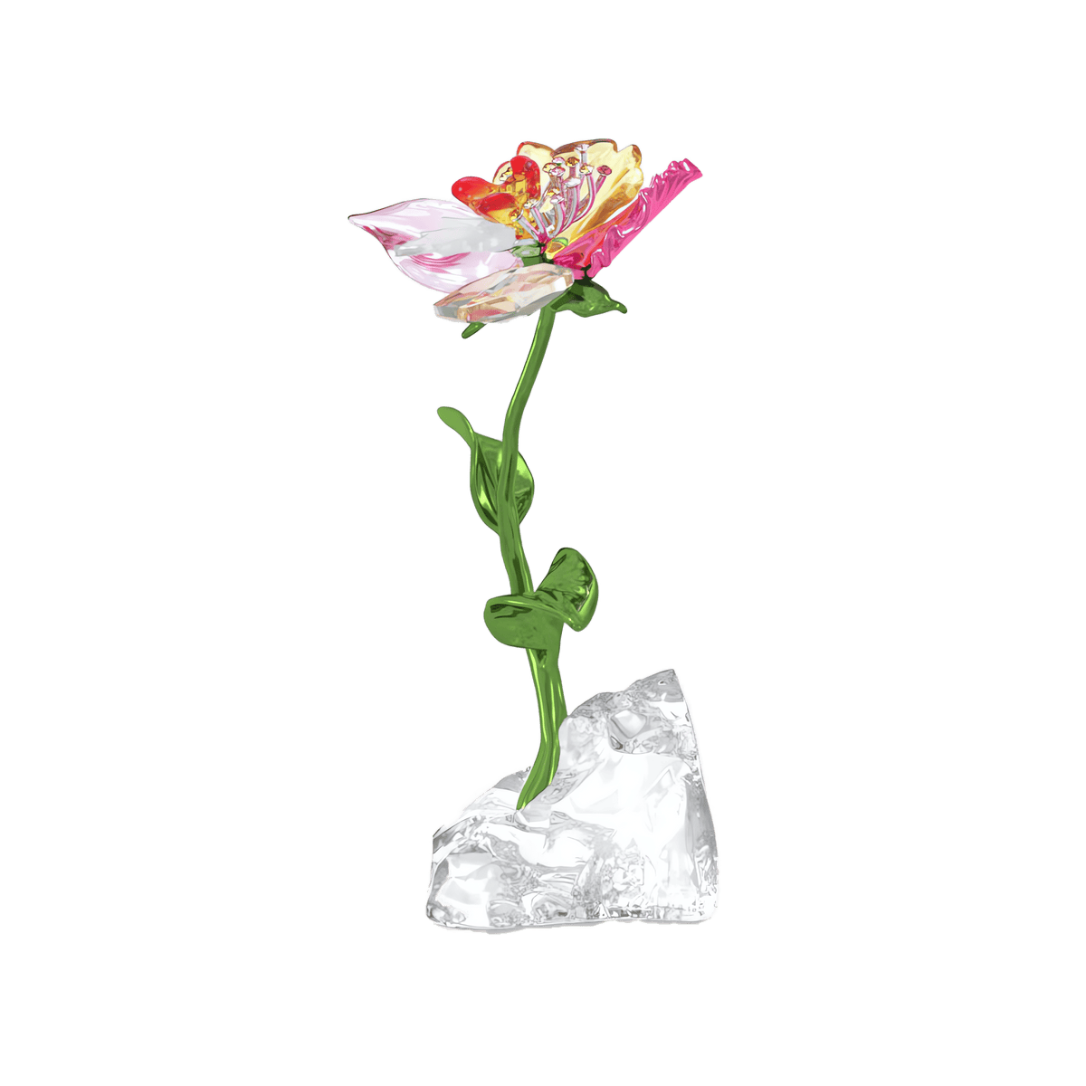 A glass sculpture depicting a pink and yellow flower with a green stem and leaves, set on a faceted clear glass base against a plain white background, reminiscent of the elegant Swarovski Idyllia Flower Small by Swarovski.