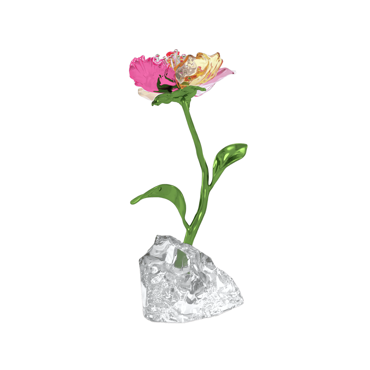 A Swarovski Idyllia Flower Small (Style Number) sculpture, featuring a delicate pink and yellow blossom with green stem and leaves rooted in a clear, crystal-like base, is displayed against a plain white background. Exemplifying the artistry and elegance of Swarovski, this exquisite piece is available at Raffi Jewellers.