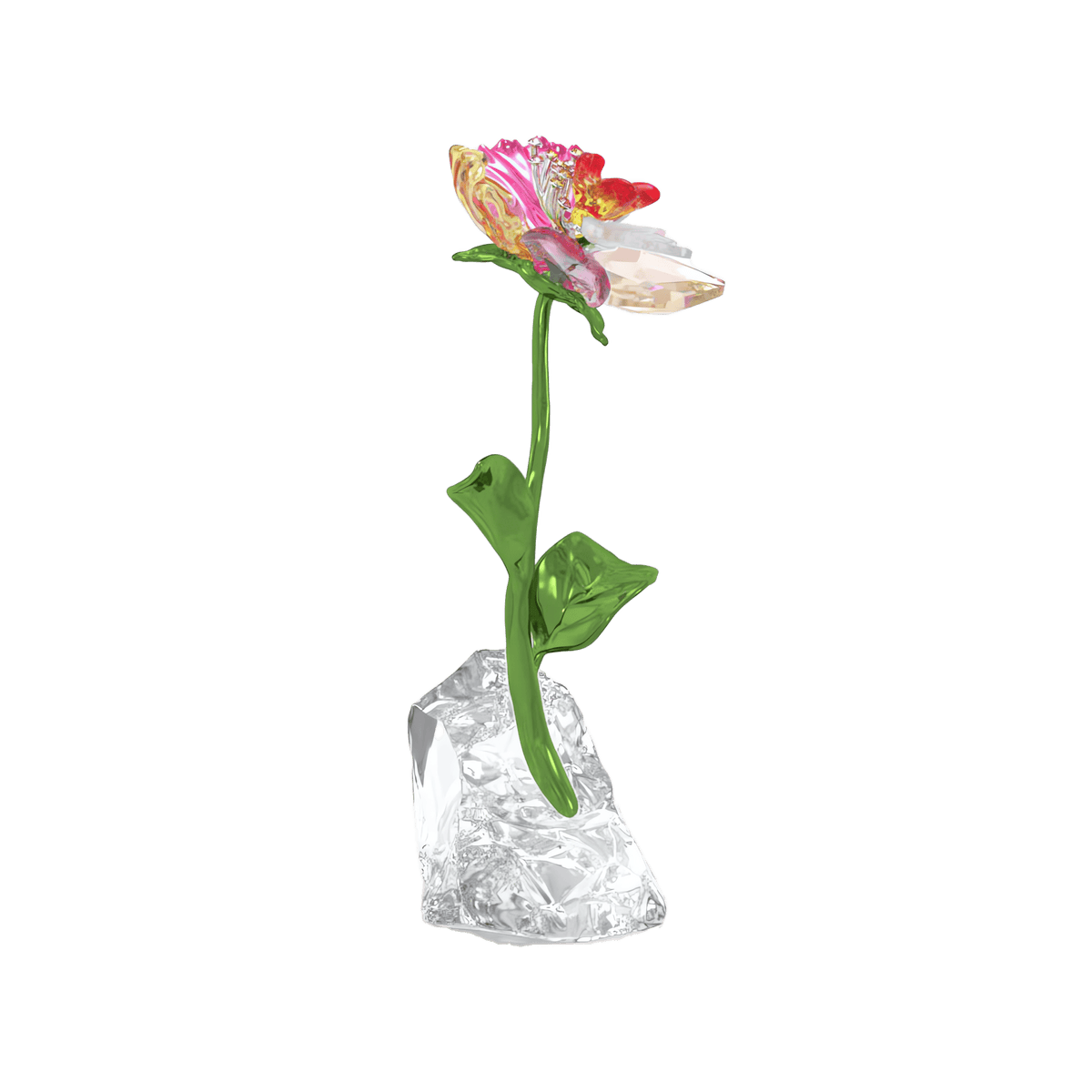 A radiant Swarovski Idyllia Flower Small from Swarovski, featuring a vibrant bloom with a green stem and leaves, stands upright on a clear, faceted crystal base against a plain white background—a stunning collectible available at Raffi Jewellers, your trusted source for Swarovski Canada.
