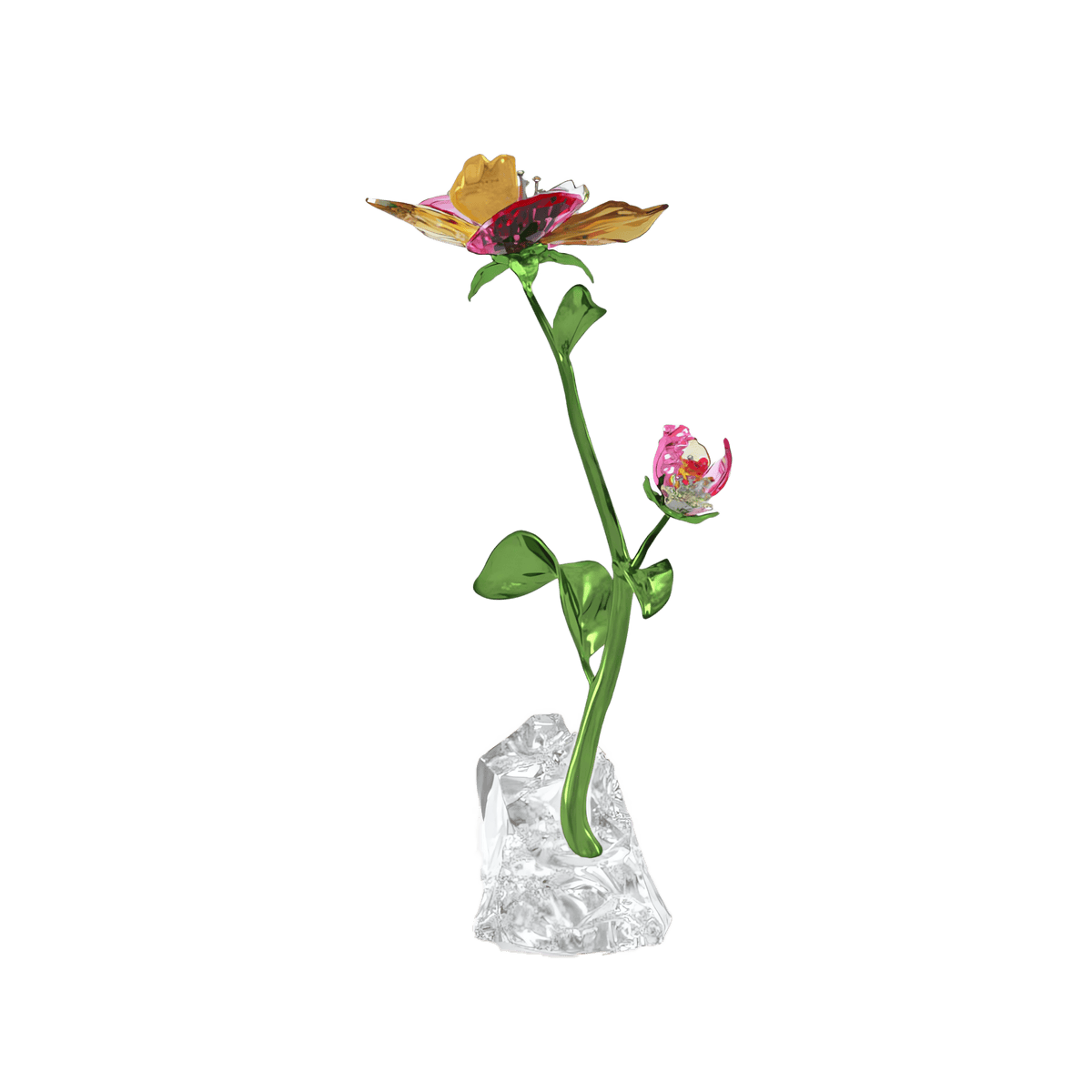 Inspired by the Swarovski Idyllia Flower collection, the Swarovski Idyllia Flower Large Style Number features a decorative glass sculpture of a pink and yellow flower with green stem and leaves, set on a clear, faceted crystal base. This exquisite piece is available exclusively at Raffi Jewellers, your trusted Swarovski Canada retailer.