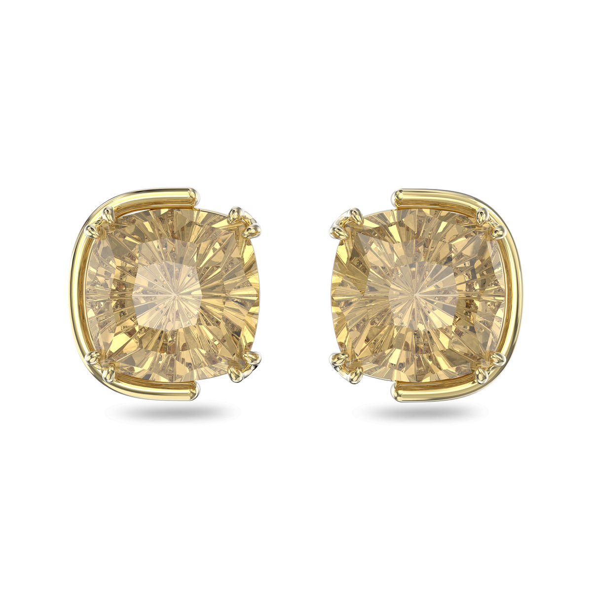A pair of Swarovski Harmonia Stud Earrings, featuring cushion-cut stones set in gold tone plating, by Swarovski, are beautifully displayed on a white background.