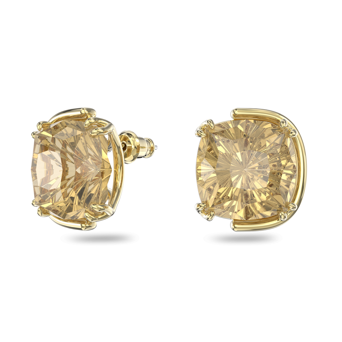 A pair of Swarovski Harmonia Stud Earrings by Swarovski, featuring large, cushion-cut yellow gemstones set in gold tone plated four-prong settings, displayed against a plain white background.
