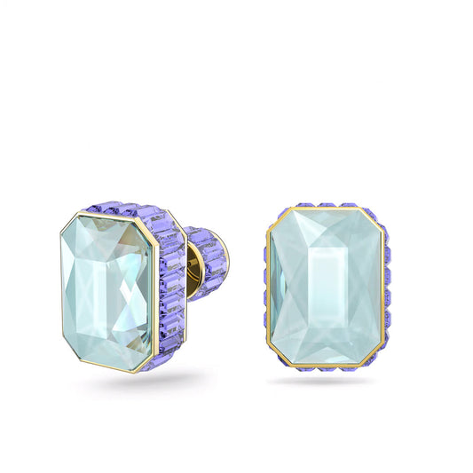 Two cufflinks featuring large, rectangular aquamarine gemstones set in gold-tone plated metal. The edges are adorned with a purple beaded design, adding contrast and elegance to the overall look, reminiscent of the vibrant multicolored octagon-cut crystals found in Swarovski jewelry pieces like the Swarovski Chroma Stud Earrings.