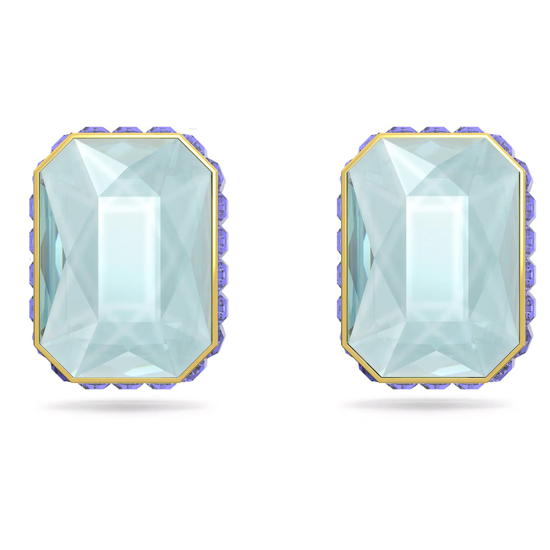 The Swarovski Chroma Stud Earrings from Swarovski feature two adjacent octagon-cut crystals in multicolored tones, set within a decorative gold frame accented by a scalloped blue-purple border on a white background, radiating aquamarine beauty and crafted from gold-tone plated metal.