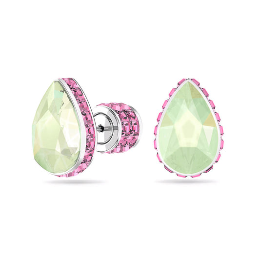 Experience the elegance of Swarovski Chroma Stud Earrings, featuring teardrop-shaped pale green gemstones and small pink crystals beautifully set in rhodium-plated silver-toned metal.