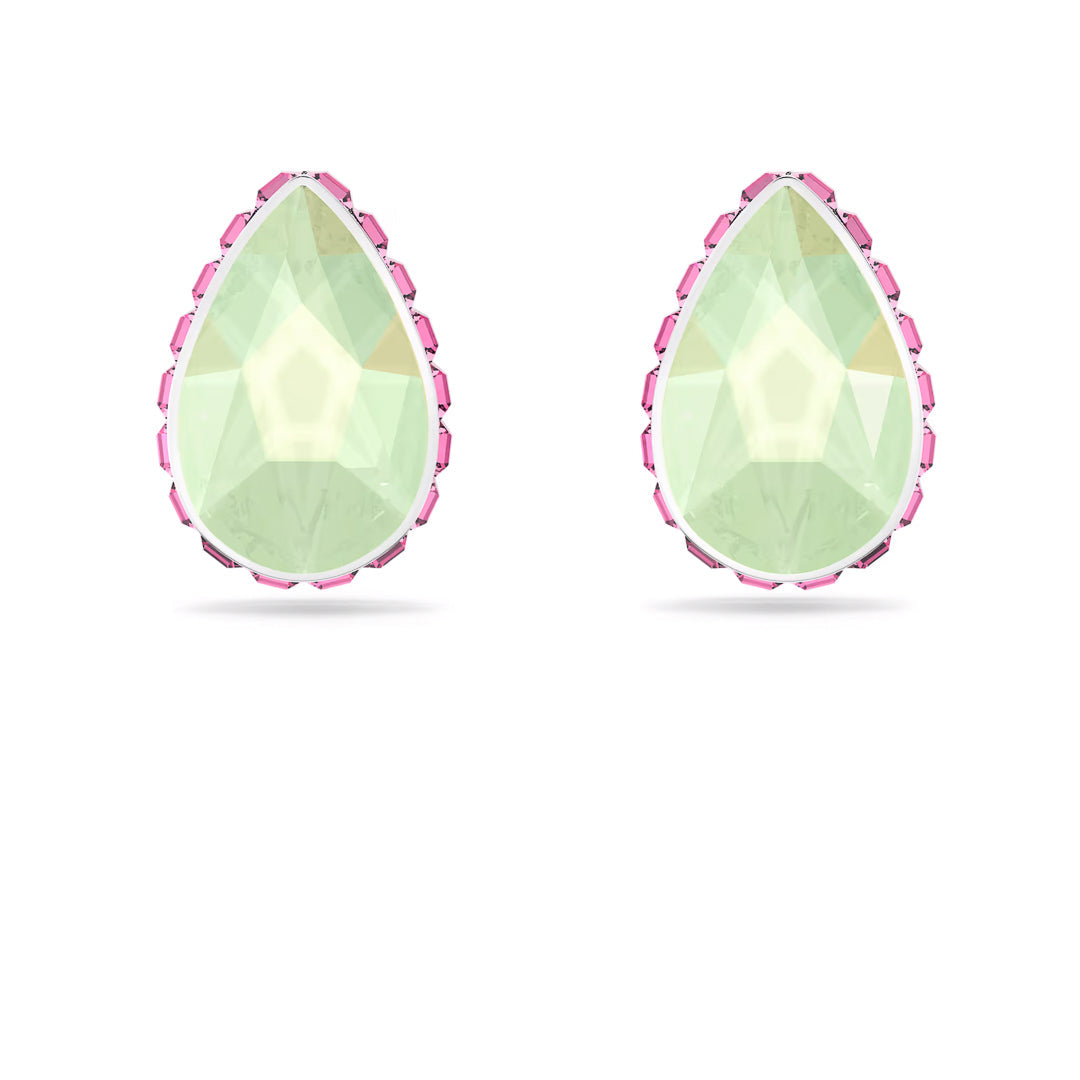 The Swarovski Chroma Stud Earrings showcase light green gemstones set in pink, beautifully rhodium-plated for a stunning finish. These identical earrings are displayed side by side on a white background, highlighting the brilliance of their crystals.