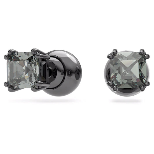 Introducing the Swarovski Millenia Stud Earrings from Swarovski, featuring square-cut crystals set in prongs. The dark gray reflective stones offer a sophisticated and elegant appearance against the shiny black metal with ruthenium plating.