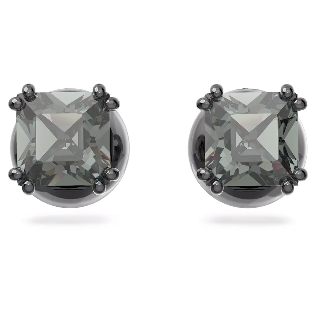 Presenting the Swarovski Millenia Stud Earrings from Swarovski, featuring dark gray square-cut gemstones. These reflective gemstones are beautifully set in prong settings on sleek metallic earring bases, enhanced with a touch of ruthenium plating for extra allure.