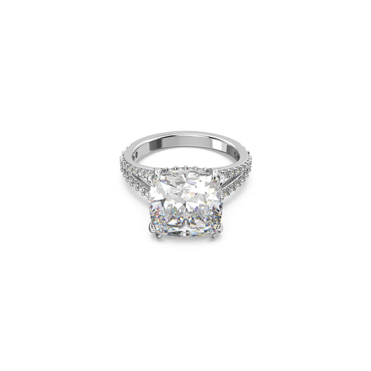 The Swarovski Square Cut Constella Cocktail Ring, crafted by Swarovski, showcases a large square-cut diamond at the center elegantly accented by smaller diamonds along the band, all set against a plain white background.