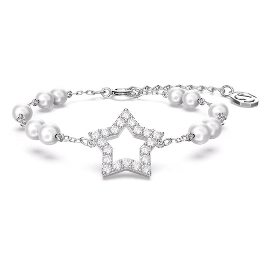 The Swarovski Stella Bracelet by Swarovski features a rhodium-plated chain adorned with a star pendant embellished with pavé-set small gemstones. The bracelet is accented with crystal pearls and includes an adjustable clasp for the perfect fit.