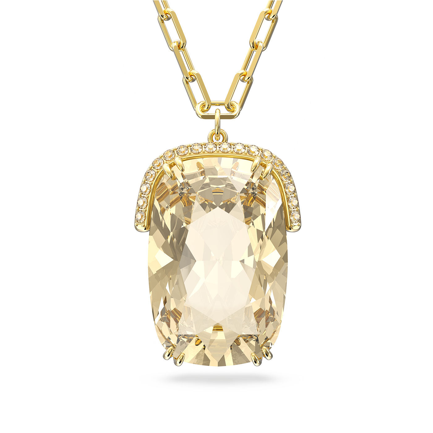As part of Swarovski's Harmonia collection, the Swarovski Harmonia Necklace Pendant is an exquisite piece featuring a large rectangular yellow gemstone framed by smaller stones. Dangling elegantly from an elongated link gold-tone chain, it brings a touch of timeless elegance to any outfit.