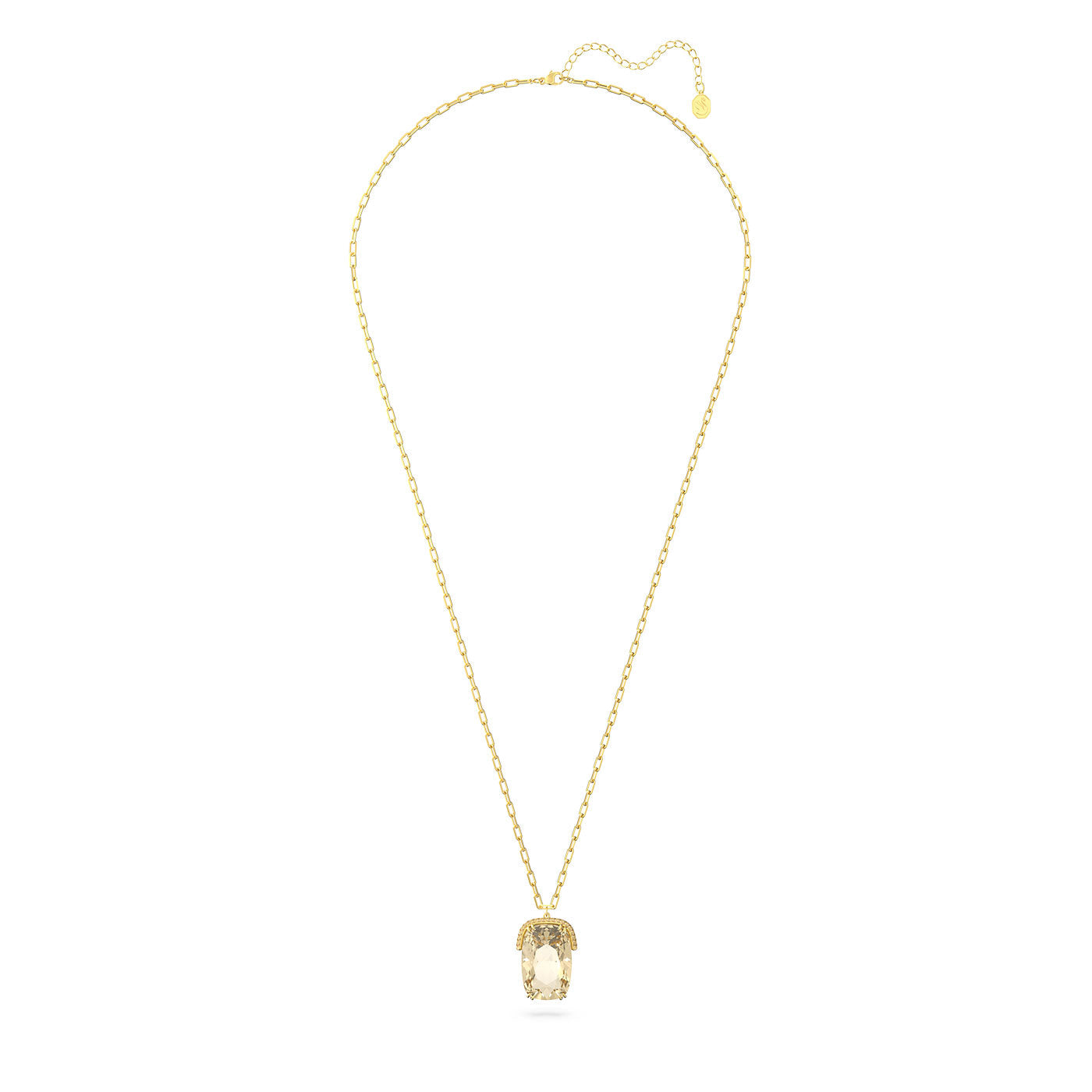 This is the Swarovski Harmonia Necklace Pendant, showcasing a gold-tone chain with an intricately designed pendant that features a pale yellow gemstone.