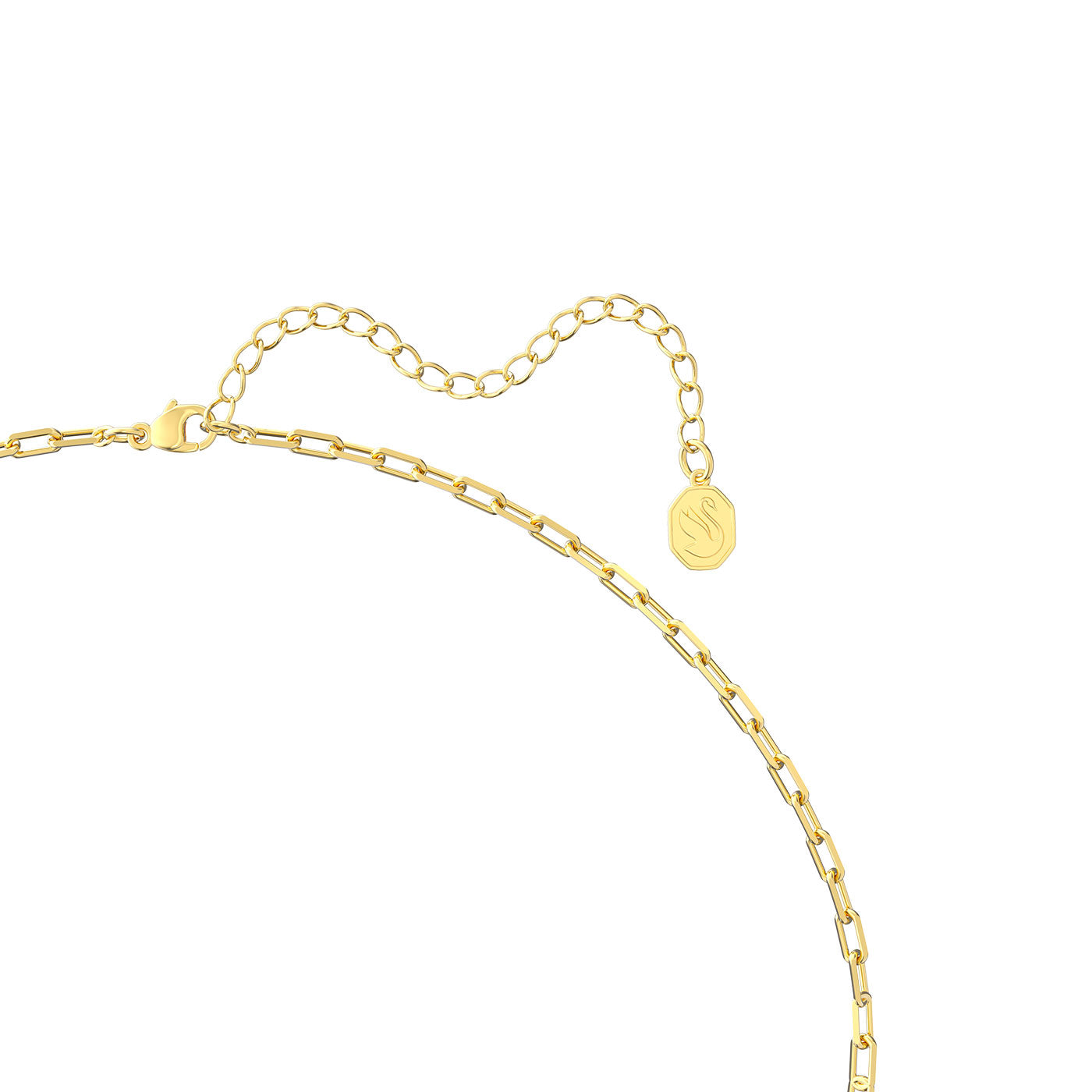 The Swarovski Harmonia Necklace Pendant by Swarovski features a delicate gold-tone chain with small rectangular links and an adjustable clasp. Near the clasp, a round charm with a subtle wavy design is attached, all displayed against a plain white background, embodying minimalist elegance.
