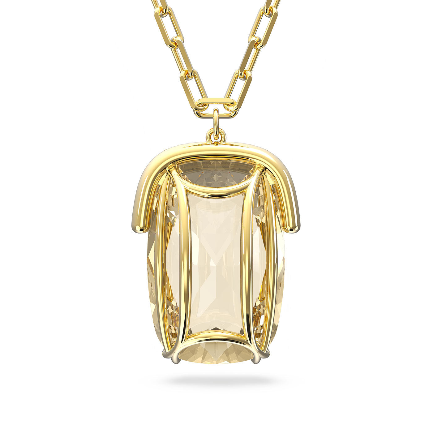 The Swarovski Harmonia Necklace Pendant by Swarovski highlights a crystal pendant from the Harmonia collection, adorned with an intricately designed centerpiece featuring a large, rectangular gemstone. Smooth, curved metal accents contribute to its sophisticated and elegant look.