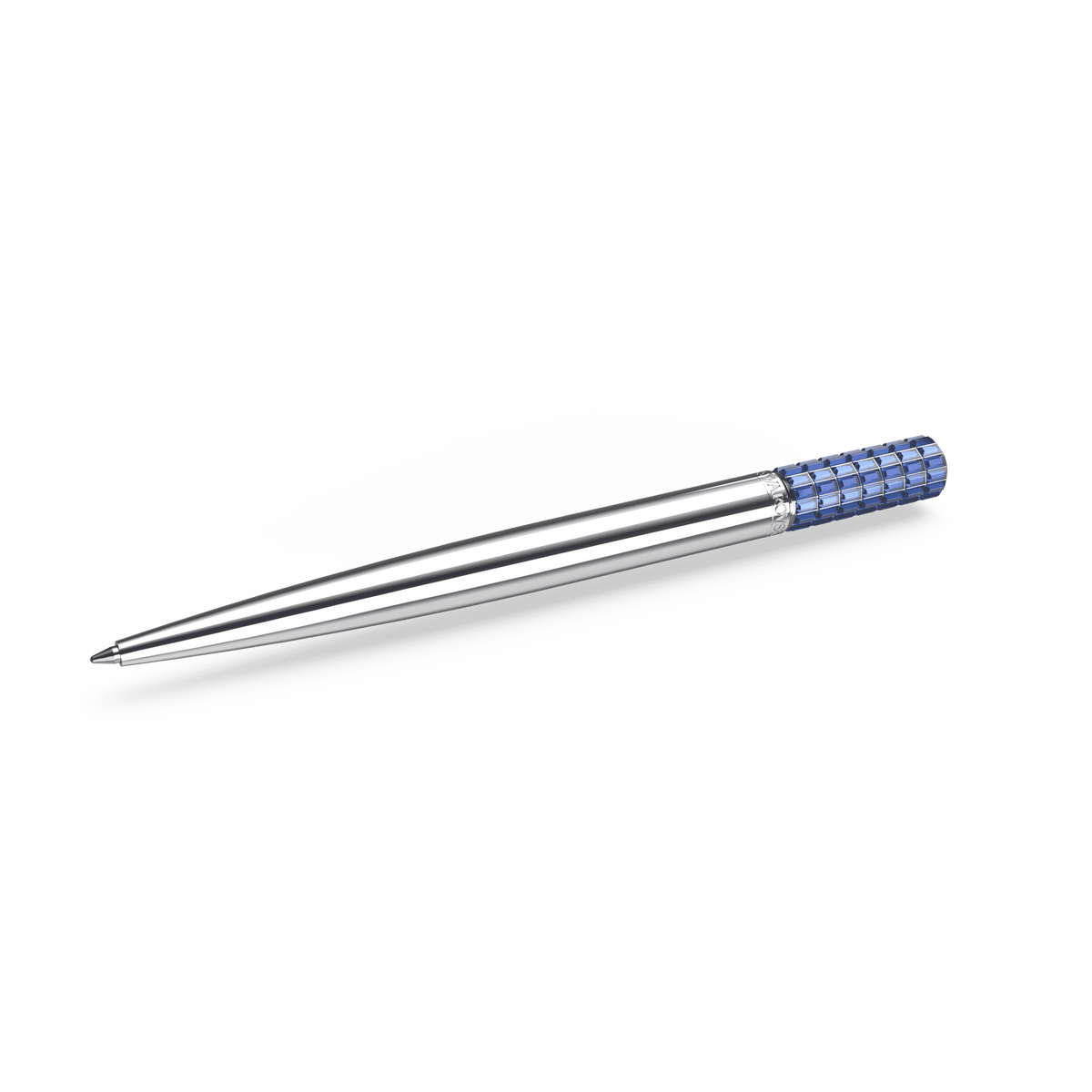A Swarovski Ballpoint pen in blue with a chrome-plated finish, featuring a distinctive blue checkered pattern on the top section, is shown against a plain white background.