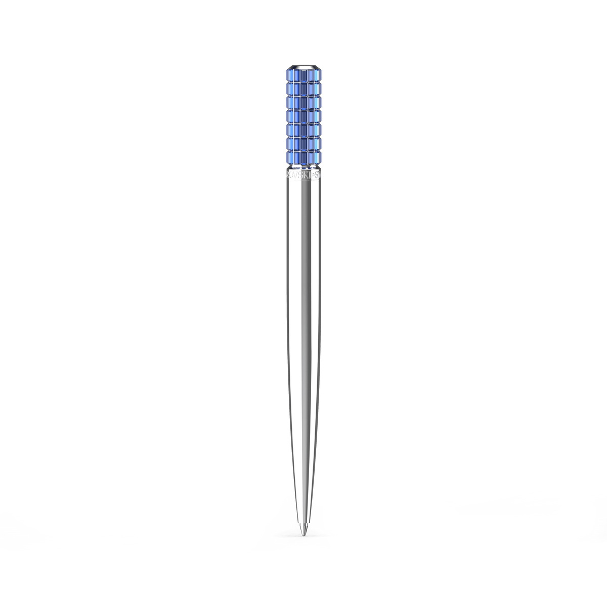 A vertically displayed Swarovski Ballpoint Pen in blue with chrome plating, featuring a pointed tip and a blue textured grip near the top—an elegant offering from Swarovski for those who appreciate refined writing tools.