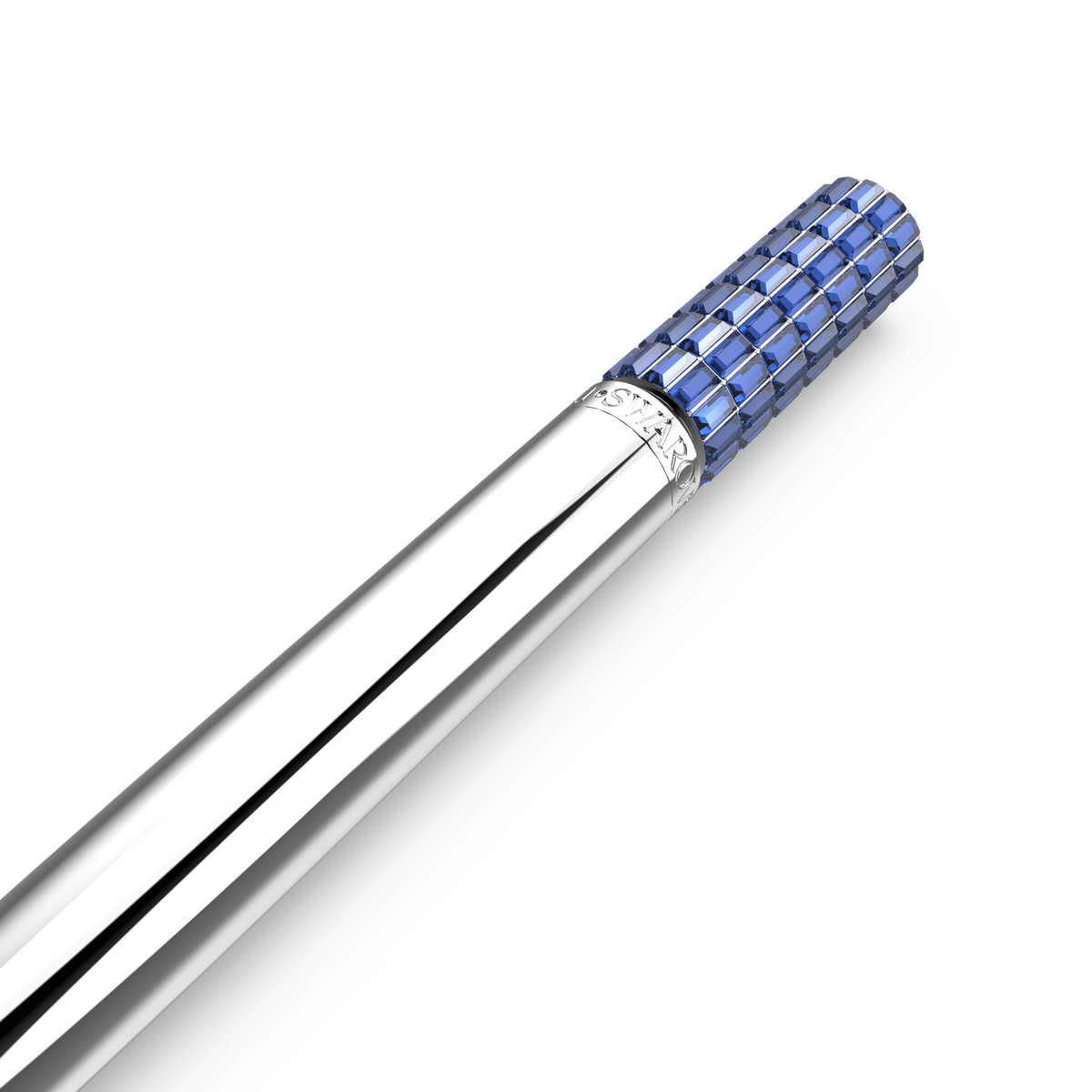A stylish Swarovski Ballpoint Pen in blue with a chrome-plated finish and a textured cap, featuring the word “ESTABLISH” engraved near the top, photographed on a plain white background—a refined writing instrument offered by Raffi Jewellers, your trusted source for Swarovski Canada.