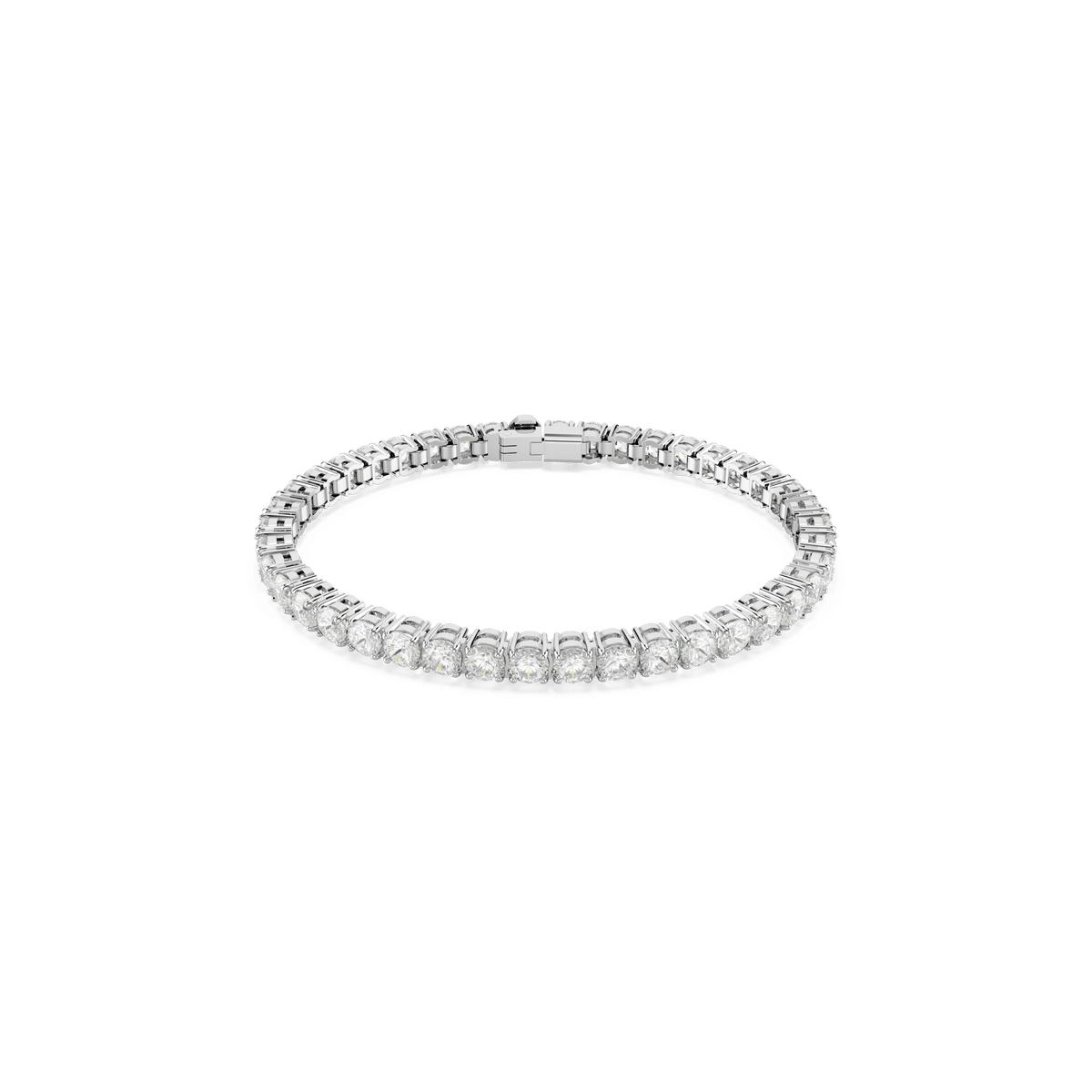 The Swarovski Matrix Tennis bracelet by Swarovski features round-cut white crystals set in a continuous line and is finished with rhodium plating, creating an elegant piece of jewelry displayed on a plain white background.