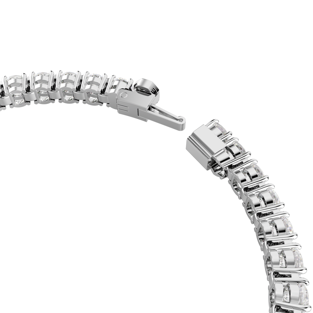 Close-up of the Swarovski Matrix Tennis bracelet, featuring round cut white stones and a rhodium plated finish, with its box clasp open. The bracelet is displayed against a plain white background.