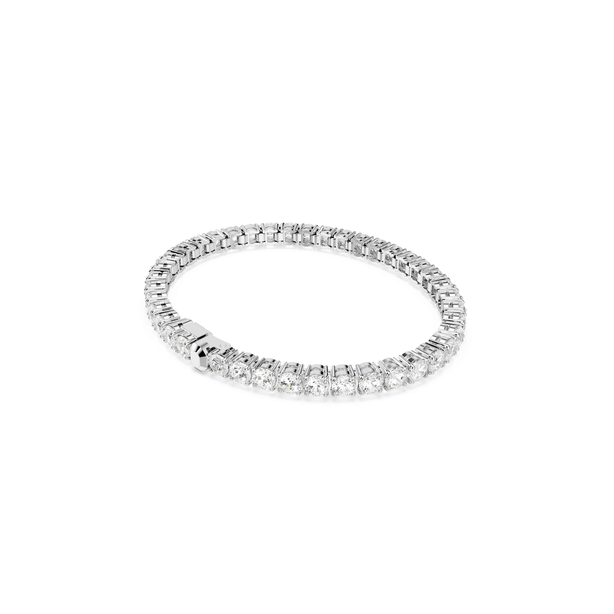 A Swarovski Matrix Tennis bracelet, featuring round cut white stones and rhodium plating, is displayed on a plain white background.