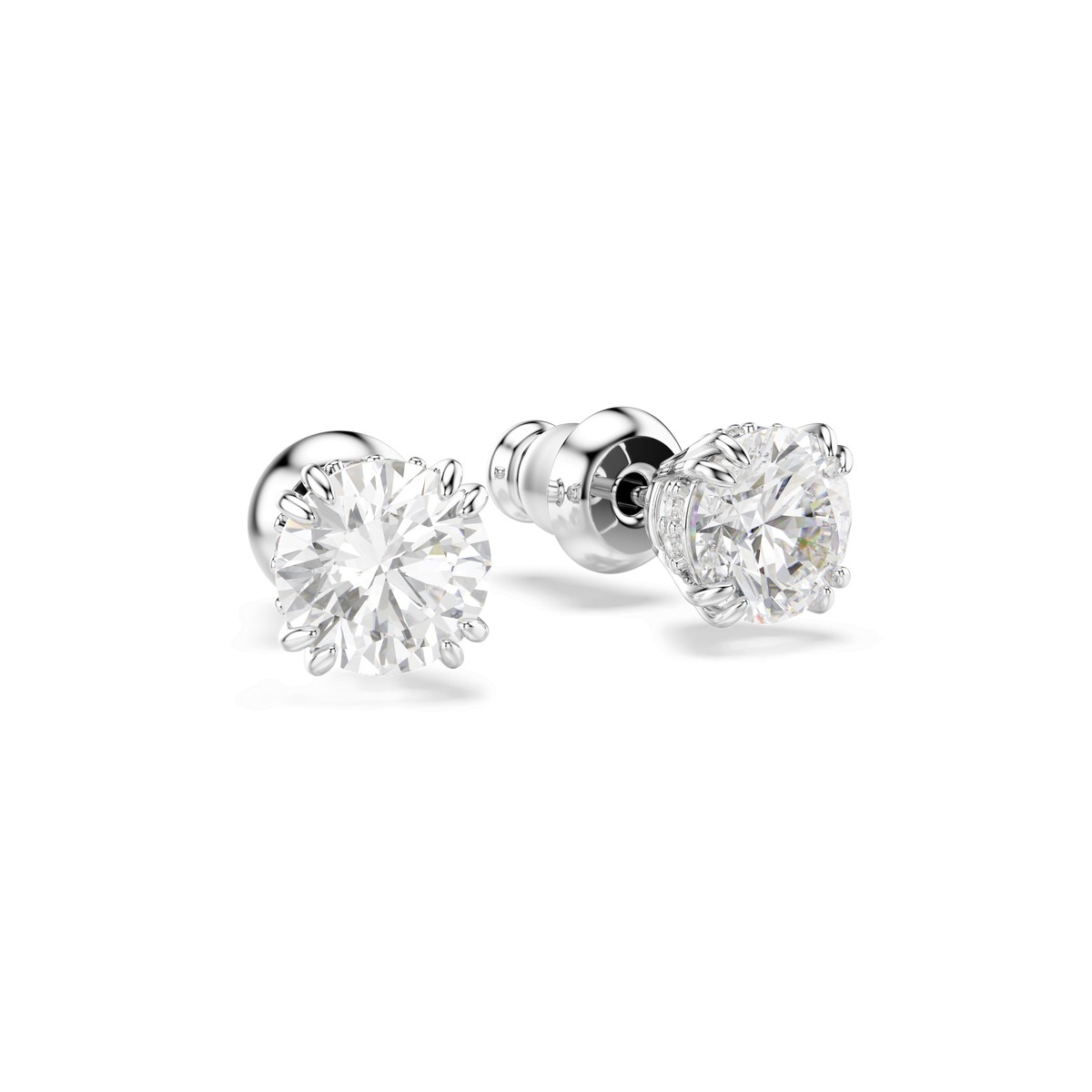 A pair of Swarovski Stilla stud earrings featuring round, white stones in a rhodium-plated setting with secure screw-back closures, displayed on a plain white background.
