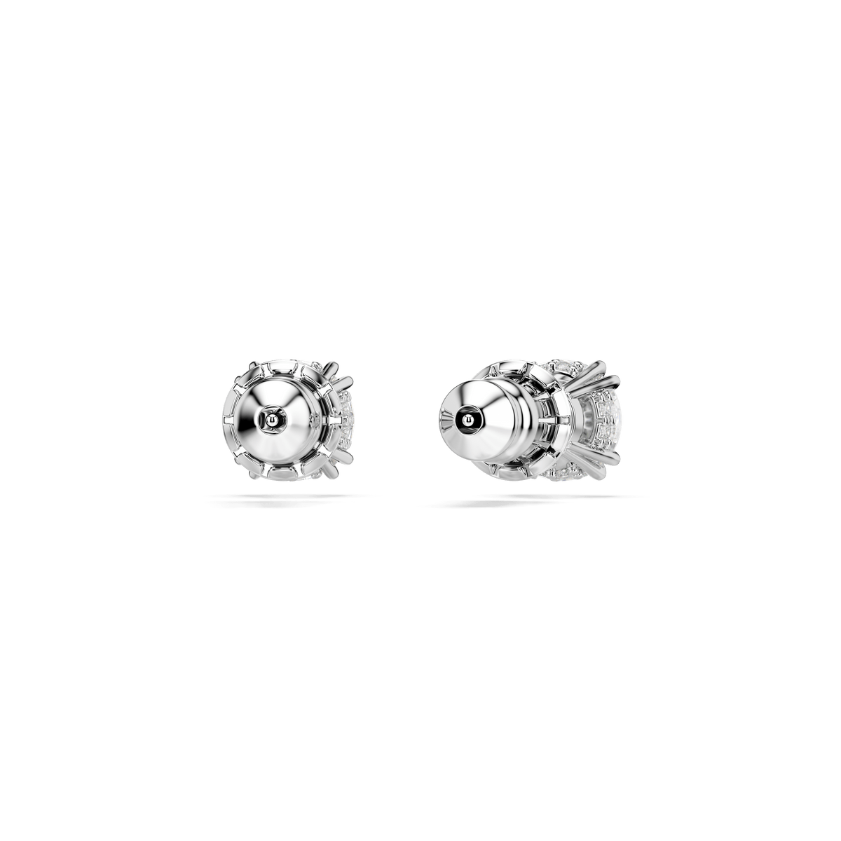 Displayed against a plain white background are two Swarovski Stilla stud earrings, each featuring a round cut white stone and finished with luxurious rhodium plating for brilliant shine. These elegant Swarovski earrings reinterpret classic style with a modern, sophisticated edge.