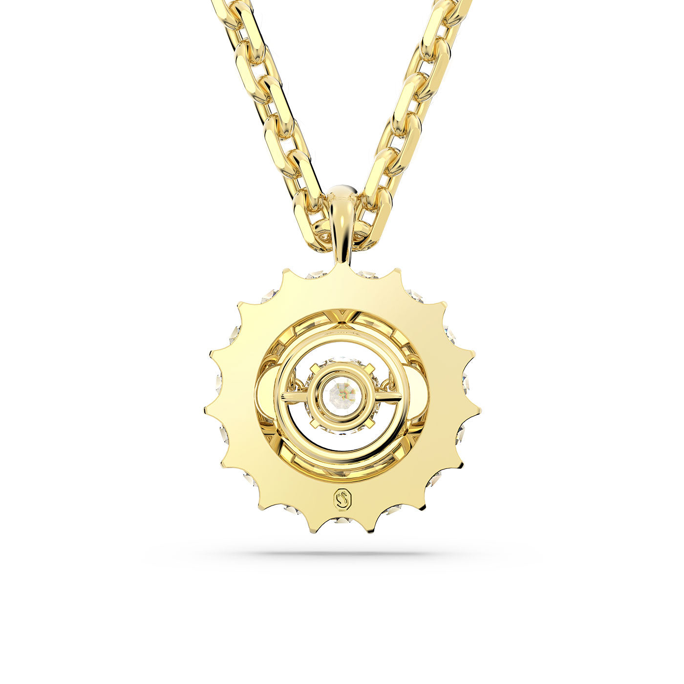 Introducing the Swarovski Mixed Round Cuts Rota Necklace Pendant: a stunning gold-tone plated necklace from Swarovski, featuring a pendant shaped like a bicycle gear with a delicate circular design in the center. This pendant, echoing the elegance of a dancing stone, is beautifully suspended from an elegant gold chain.
