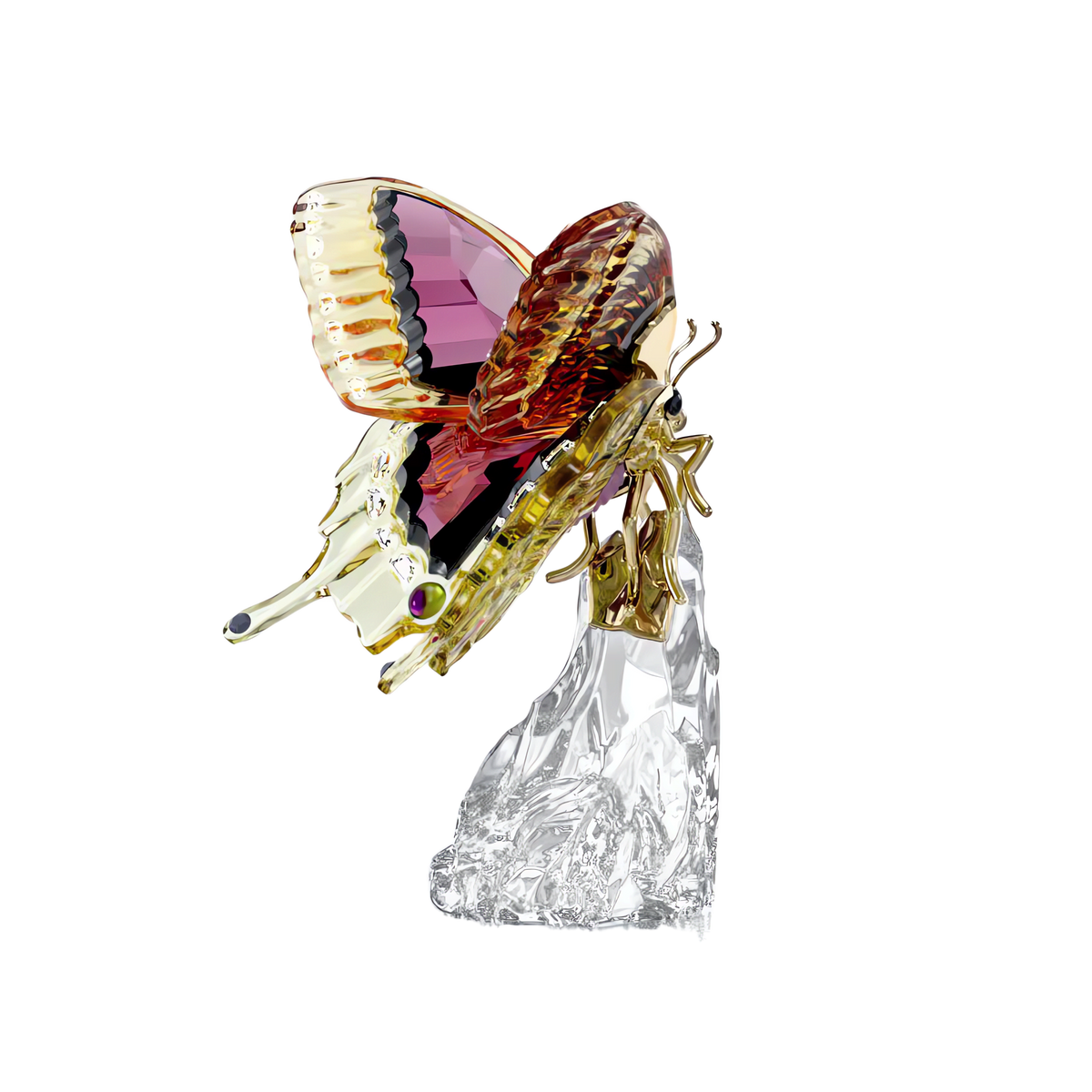The Swarovski Idyllia Butterfly by Swarovski showcases yellow wings and pink accents, inspired by nature’s beauty. Perched on a clear, textured glass base and set against a white background, this exquisite crystal decoration adds charm to any space.