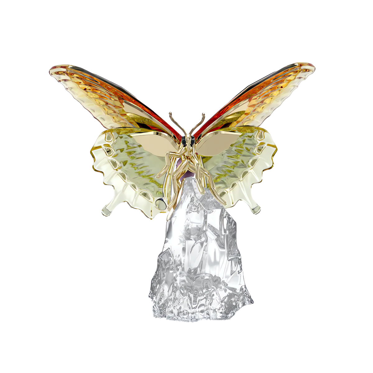 The Swarovski Idyllia Butterfly by Swarovski is a stunning glass sculpture featuring yellow and orange wings perched on a clear, textured glass base, set against a plain white background. This captivating crystal decoration showcases a nature-inspired design reminiscent of the elegance found in iconic Swarovski butterfly collections.