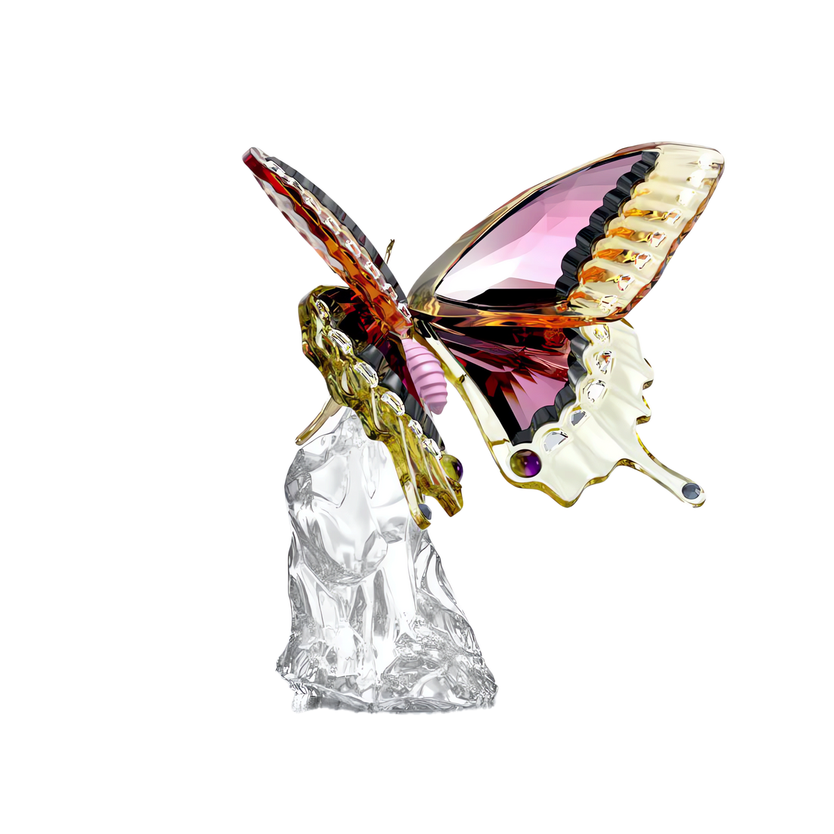 Inspired by nature, the Swarovski Idyllia Butterfly features pink and yellow wings and is perched on a clear, faceted crystal base against a plain white background—an elegant crystal decoration from Swarovski.