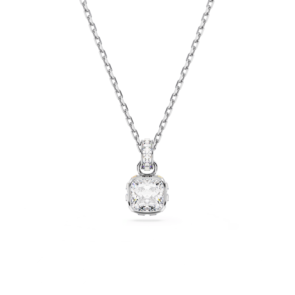 A Swarovski Birthstone Pendant, featuring a square-cut white stone for April set in a simple bezel and suspended from a thin rhodium plated chain, is shown against a white background.