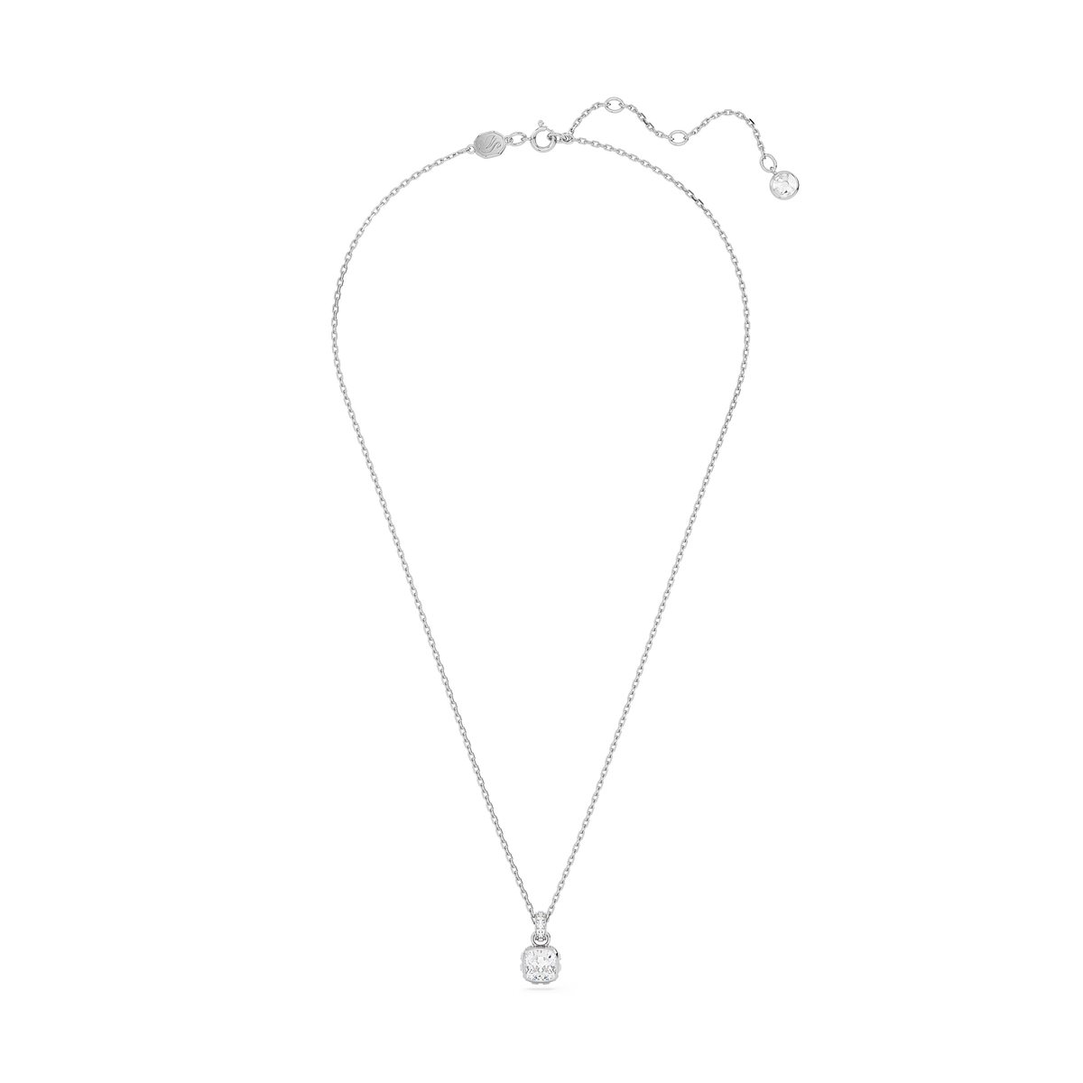 Swarovski Birthstone pendant necklace featuring a square-cut white April birthstone in a rhodium-plated setting, displayed on a plain white background.