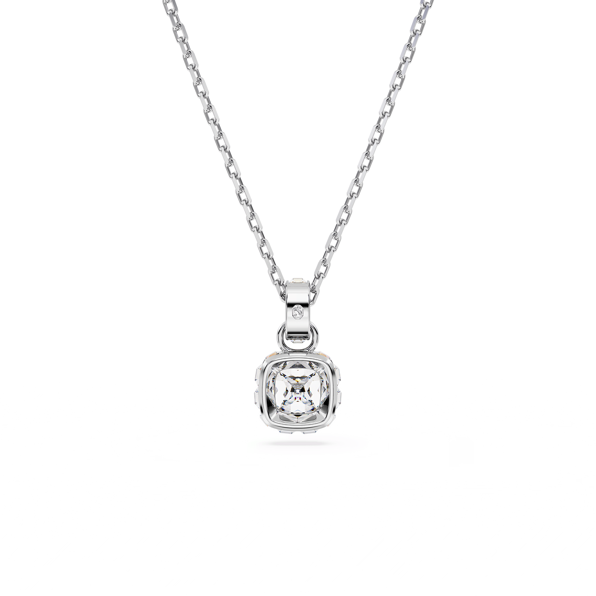 A Swarovski Birthstone pendant featuring a square-cut, clear white April stone set in the center of a rhodium-plated necklace, photographed against a plain white background.