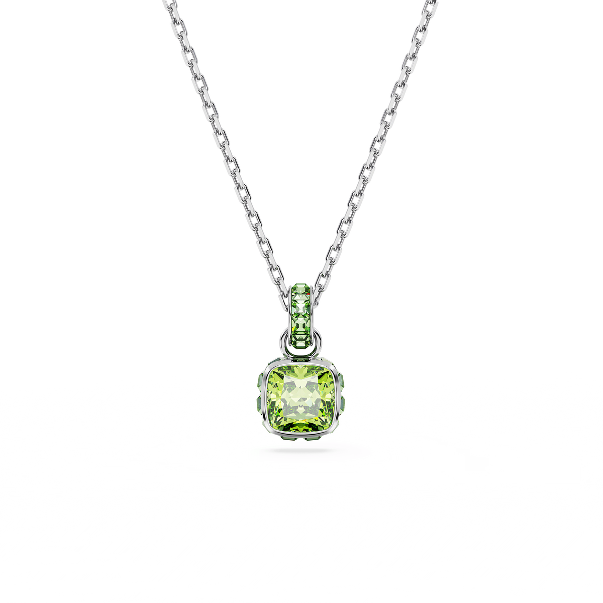 The Swarovski Birthstone Square Cut Pendant for August features a vibrant green gemstone accented by smaller green stones above the main gem, all rhodium plated for lasting shine. Presented against a white background, this elegant necklace showcases classic Swarovski craftsmanship.